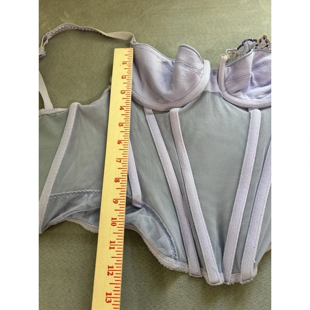 Y2K Lavender Lace Fairy Basque Waist Bustier Corset Sz 34B Sheer Mesh Romantic‎